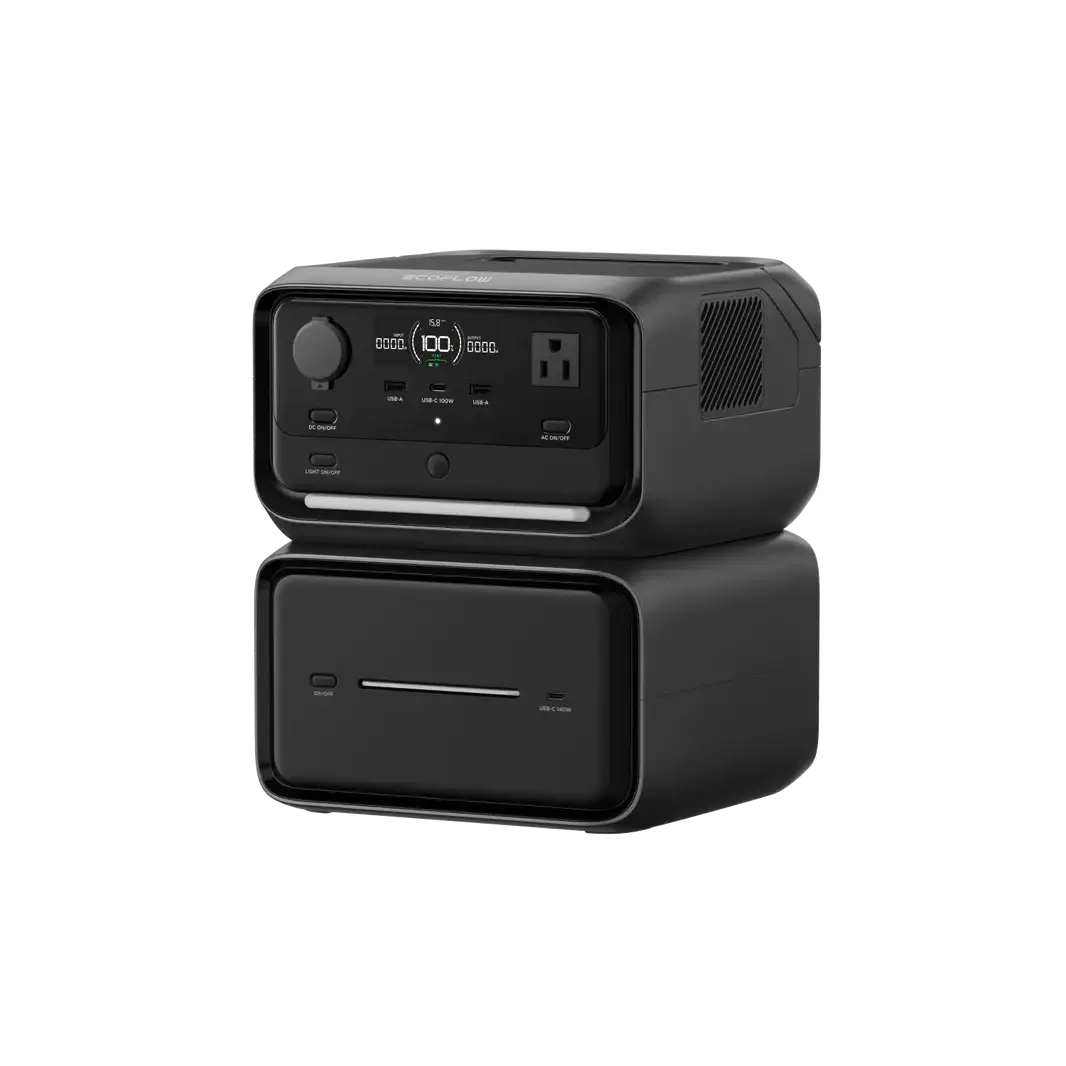 The black EcoFlow electronic device features a sleek, modern design with two stacked units. The top unit includes multiple ports, a display screen, and buttons. The bottom unit resembles a drawer or compartment.