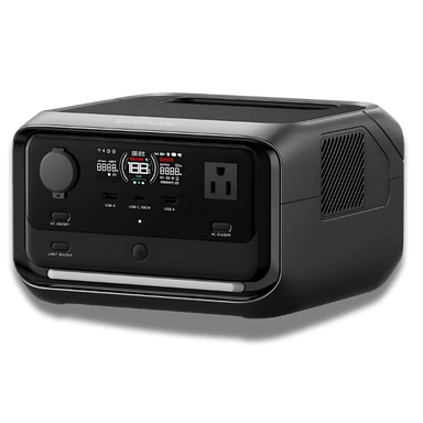 The EcoFlow RIVER 3 Plus, designed in sleek black with side ventilation, boasts a digital display, multiple USB ports, an AC outlet, and front control knobs. Perfect for emergency power needs.