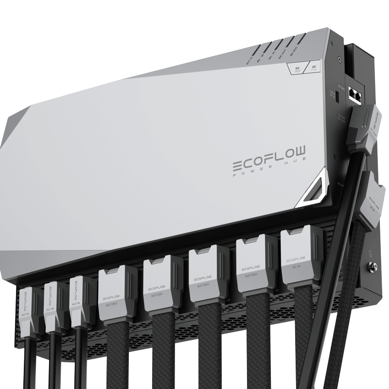 The EcoFlow Power Hub offers seamless energy control with its wall-mounted, plug-and-play design. It features a sleek look, multiple cables, and labeled slots for efficient power management—perfect for RV air conditioners and more.