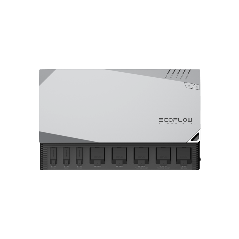 The EcoFlow Power Kit, with its sleek rectangular design and light gray logo top, offers a minimalist and modern plug-and-play solution for RV air conditioners. Its dark-colored base houses multiple ports, making it both functional and stylish.
