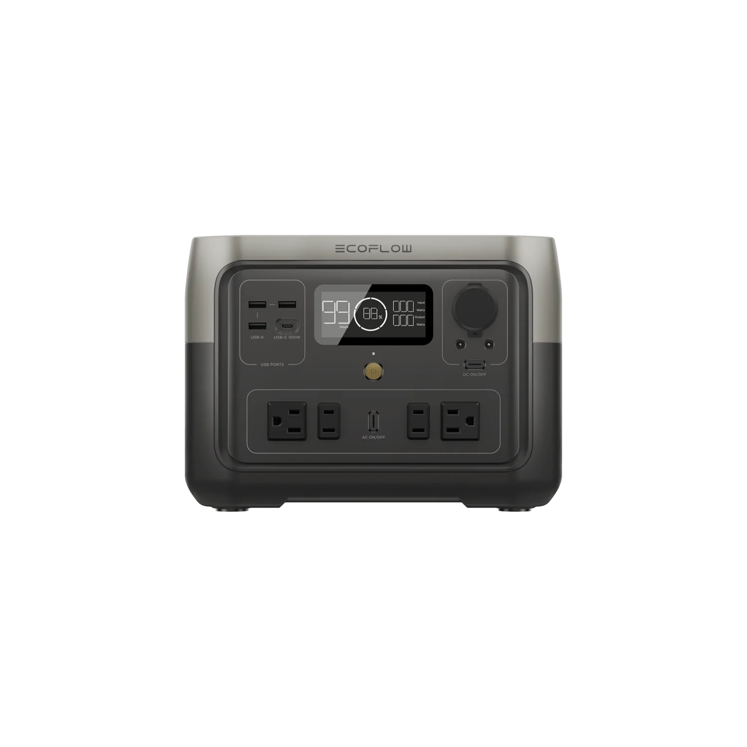 A gray EcoFlow portable power station is displayed against a white background, featuring multiple AC outlets, USB ports, a display screen, and control buttons on the front panel.