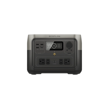 A gray EcoFlow portable power station is displayed against a white background, featuring multiple AC outlets, USB ports, a display screen, and control buttons on the front panel.