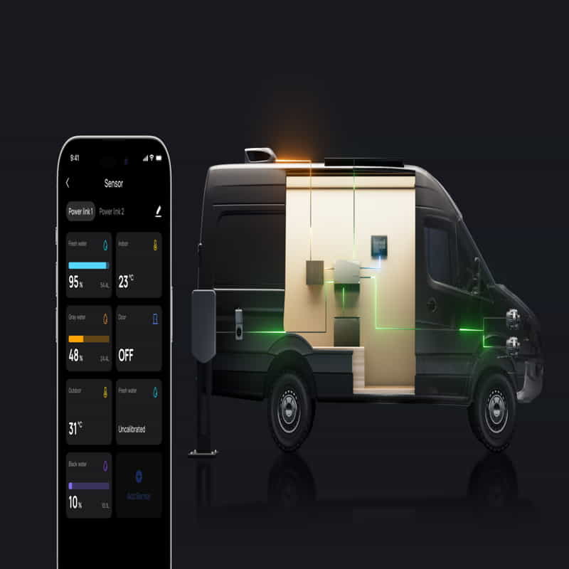 A cutaway view of a black van reveals EcoFlow Power Kits showing interior tech, with green lines illustrating component connections. On the left, a smartphone displays sensor readings and controls for the plug-and-play RV power solution by EcoFlow.