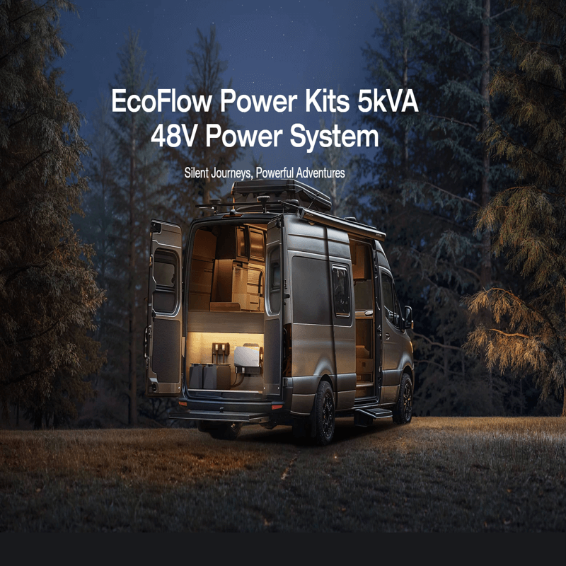 A van with open back doors is parked in a forest, highlighting its plug-and-play system. Inside, the van features storage and seating. The text reads: "EcoFlow's 5kVA, 48V Power Kits System. Silent Journeys, Powerful Adventures.