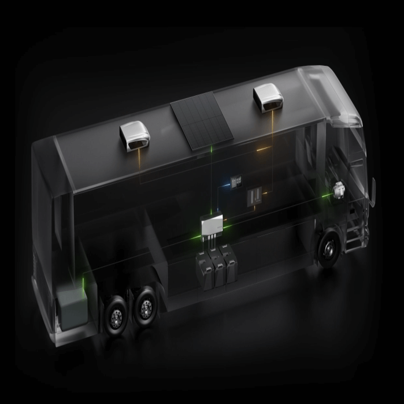 A transparent image of a bus reveals its internal electrical components, showcasing EcoFlow's plug-and-play system. Colored lines highlight connections, and the clear exterior allows an unobstructed view of the innovative interior layout.