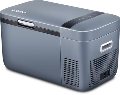 A gray portable cooler with a digital display and ventilation panel doubles as a fridge, offering car battery protection for safe travel. It features a side handle and showcases the "ICECO Wholesale" brand name on the top lid.