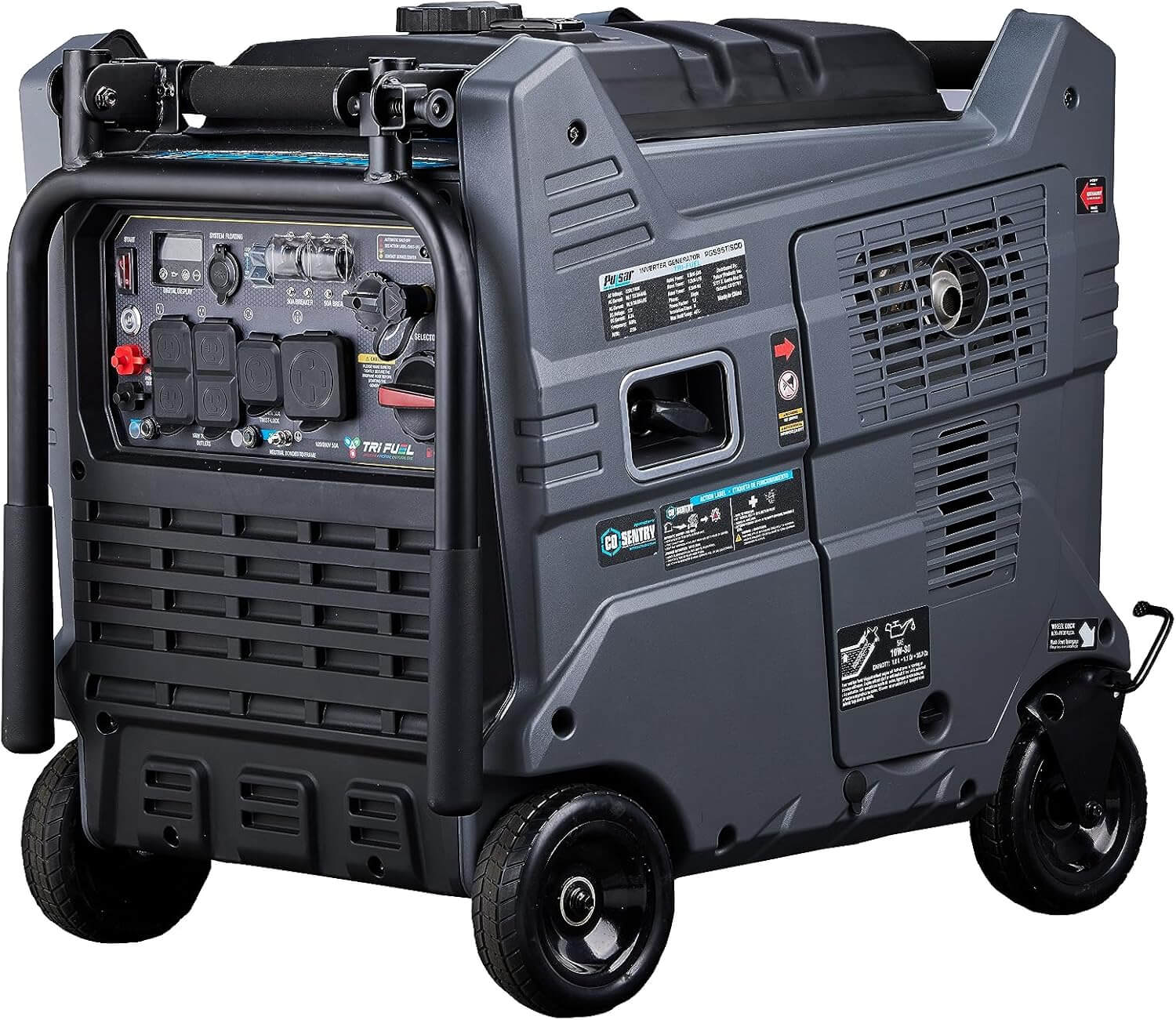 The Pulsar Tri-Fuel Inverter Generator, featuring a durable design in black and gray with wheels for portability, is perfect for home backup use. Its control panel is outfitted with switches, outlets, and dials. This sturdy generator also includes a protective frame, side air vents for cooling, and convenient handles to facilitate easy transportation.
