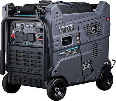 The Pulsar Tri-Fuel Inverter Generator, featuring a durable design in black and gray with wheels for portability, is perfect for home backup use. Its control panel is outfitted with switches, outlets, and dials. This sturdy generator also includes a protective frame, side air vents for cooling, and convenient handles to facilitate easy transportation.