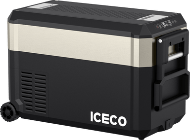 The ICECO Wholesale black and silver portable fridge features a reliable SECOP compressor, digital control panel on top, wheels, and a sturdy handle for easy transport, ensuring convenience on the go.