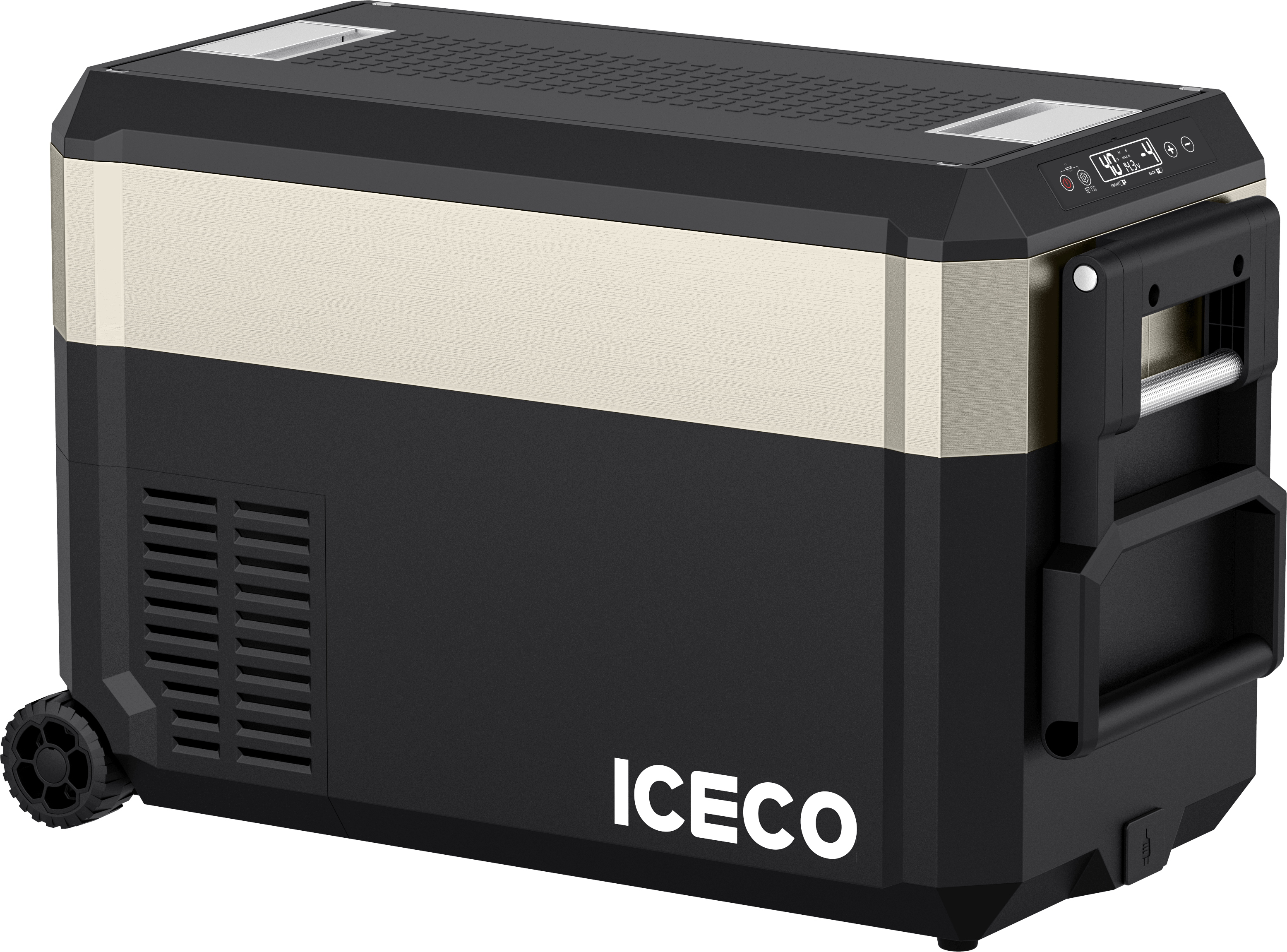 A black and silver ICECO Wholesale portable refrigerator with a digital control panel, sturdy handles, a ventilation panel, SECOP compressor, and wheels for easy transport. The brand name at the bottom underscores its reliability.