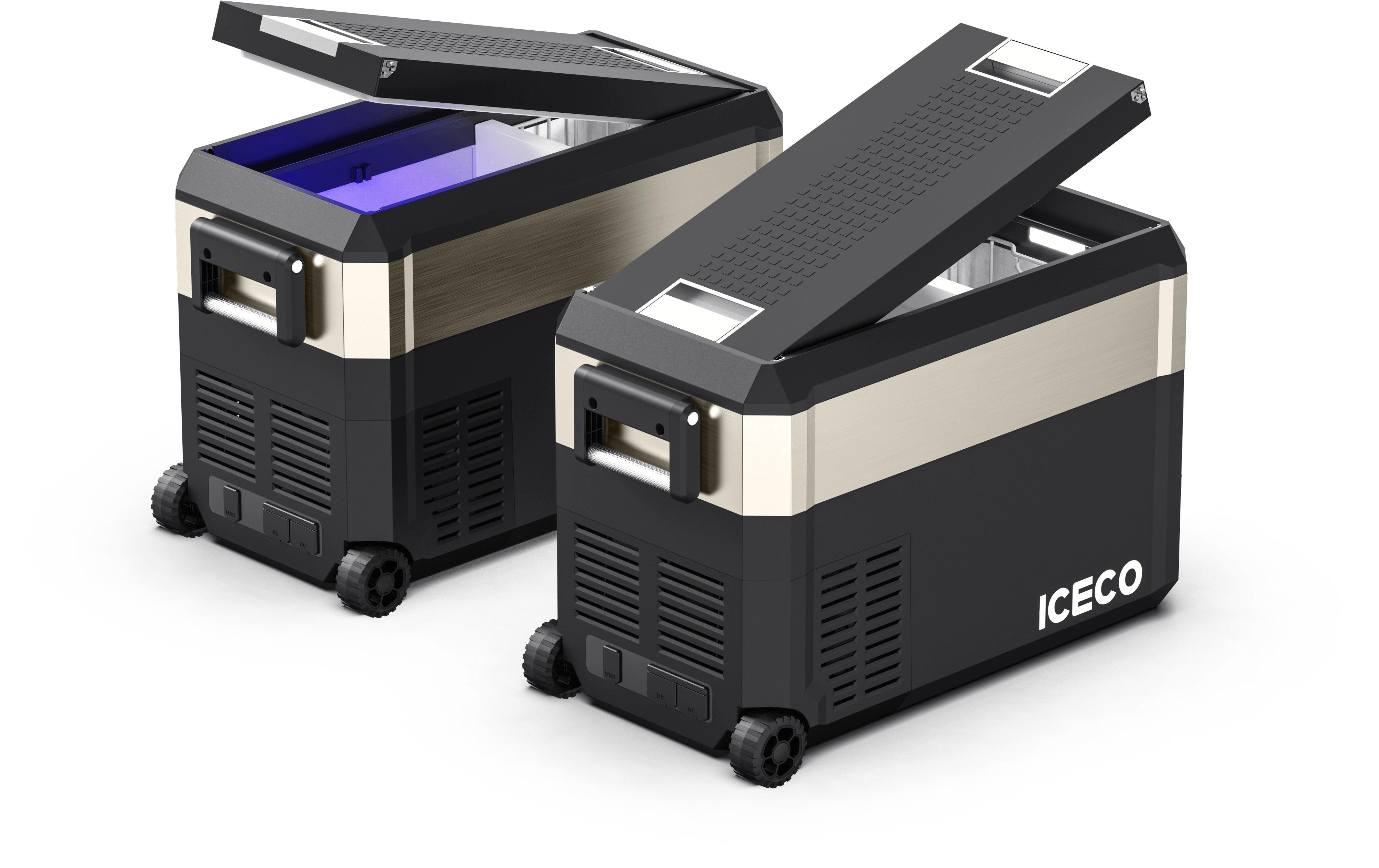 Two black and beige portable coolers with open lids are shown. The left one features a blue interior light and an efficient SECOP compressor. Both coolers have wheels, handles, and display the brand name "ICECO Wholesale" on the side.