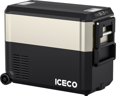 The ICECO Wholesale JP50 Pro is a portable fridge with a stylish black and beige design, wheels, and a handle for easy transport. It offers Bluetooth App Control for convenience, features a top right control panel, and uses an SECOP compressor for superior performance.