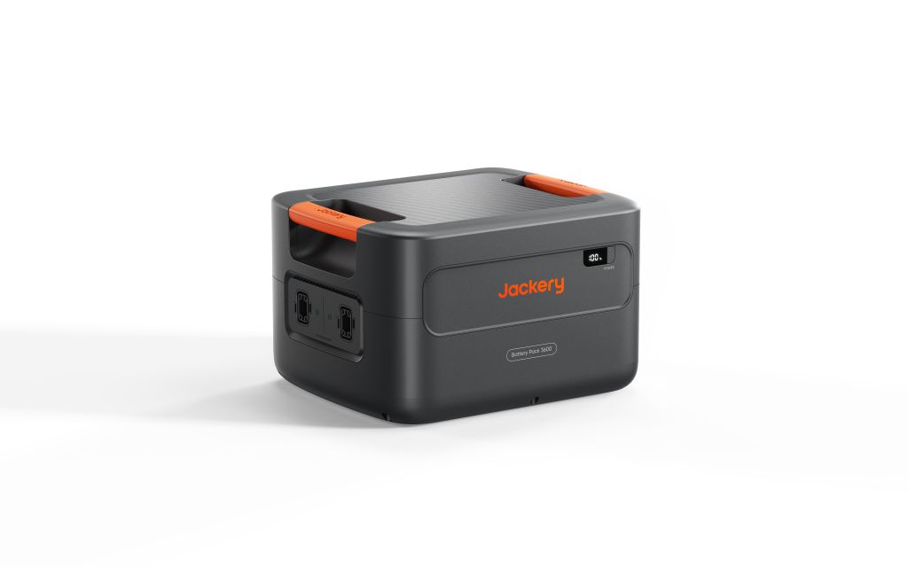 A Jackery portable power station with a dark gray body, orange handle accents, and multiple power outlets—perfect for backup power with the Jackery Battery Pack 3600—is shown on a white background.