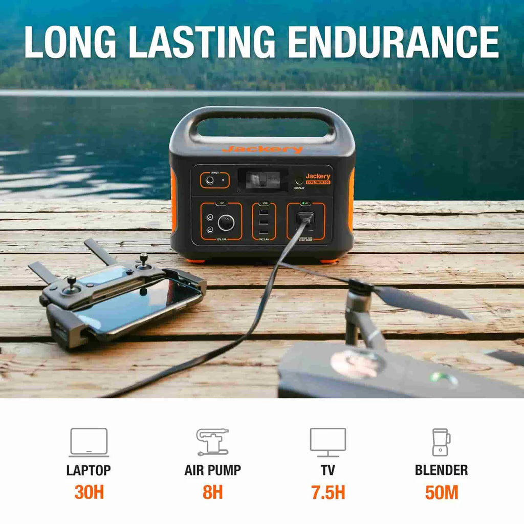 A Jackery portable power station with high battery capacity sits on a wooden pier by a lake, powering a drone controller via cable. Calm water and forested hills are in the background. "Long Lasting Endurance" text appears above, with icons showing multiple charging methods below.