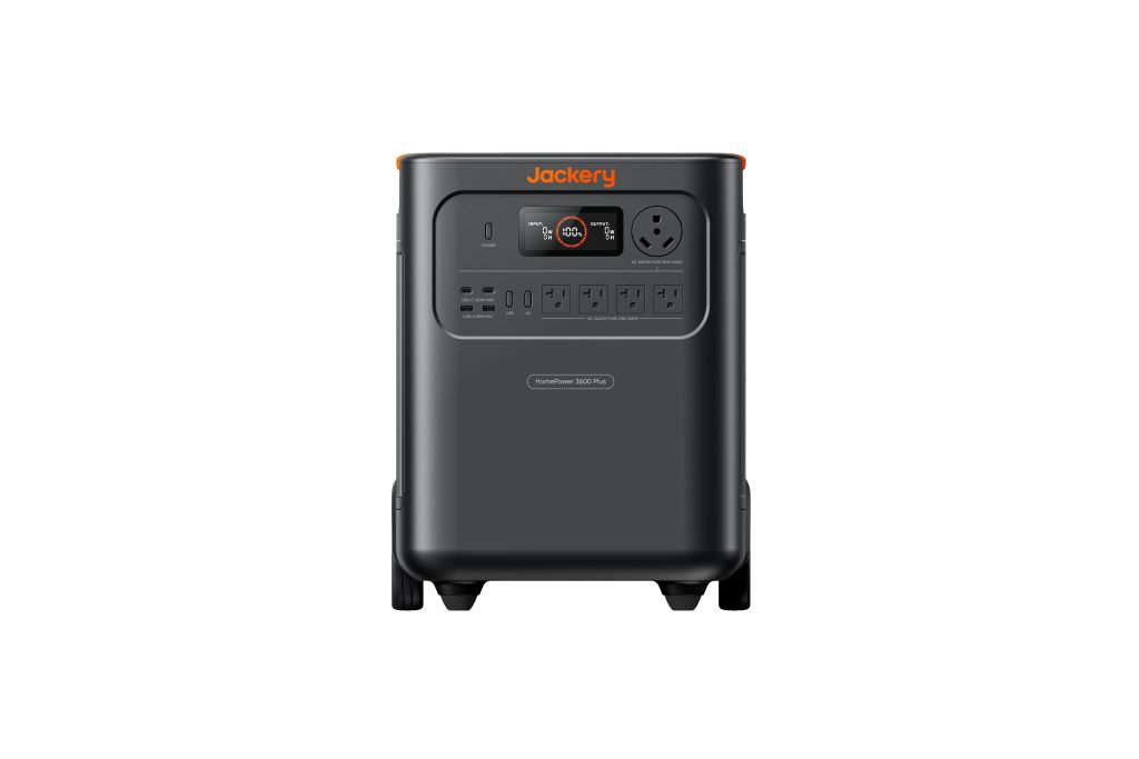 A Jackery portable power station in black, featuring backup power, USB and AC output ports, and a front display screen, displayed against a plain white background.