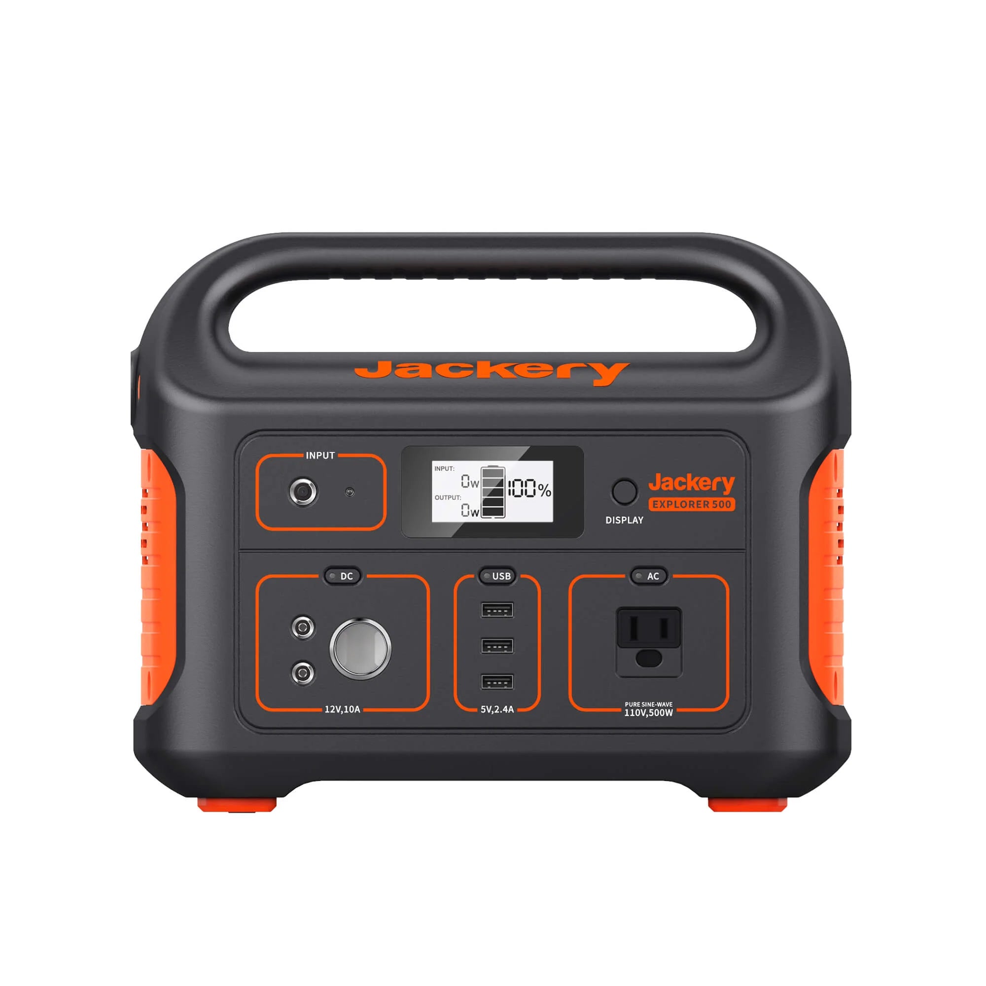 The Jackery Explorer 300 is a stylish black and orange portable power station boasting high capacity, a digital display, diverse input/output ports, and versatile charging options for enhanced convenience.