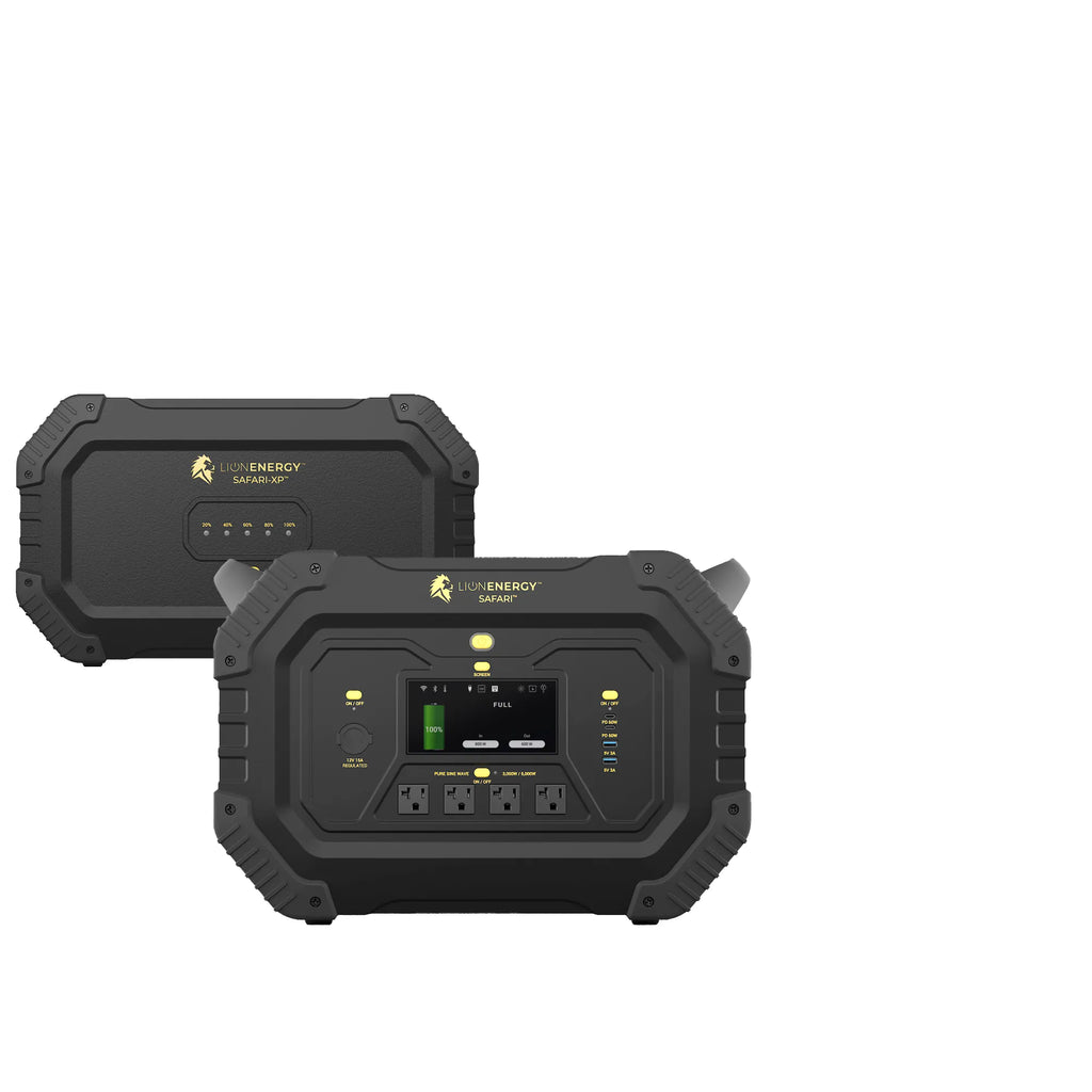 Two black Lion Energy portable power stations with rugged designs—front unit features a digital screen, control buttons, three AC outlets, and USB ports for a perfect solar generator setup. Rear unit shows the Lion Energy Safari XP model name.