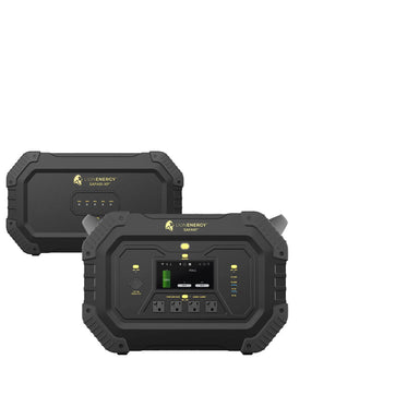 Two black Lion Energy portable power stations with rugged designs—front unit features a digital screen, control buttons, three AC outlets, and USB ports for a perfect solar generator setup. Rear unit shows the Lion Energy Safari XP model name.