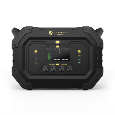 The Lion Energy Safari black portable power station has a digital display for full charge, control buttons, and four outlets. Ideal for renewable energy enthusiasts, it easily pairs with solar panels for sustainable energy.