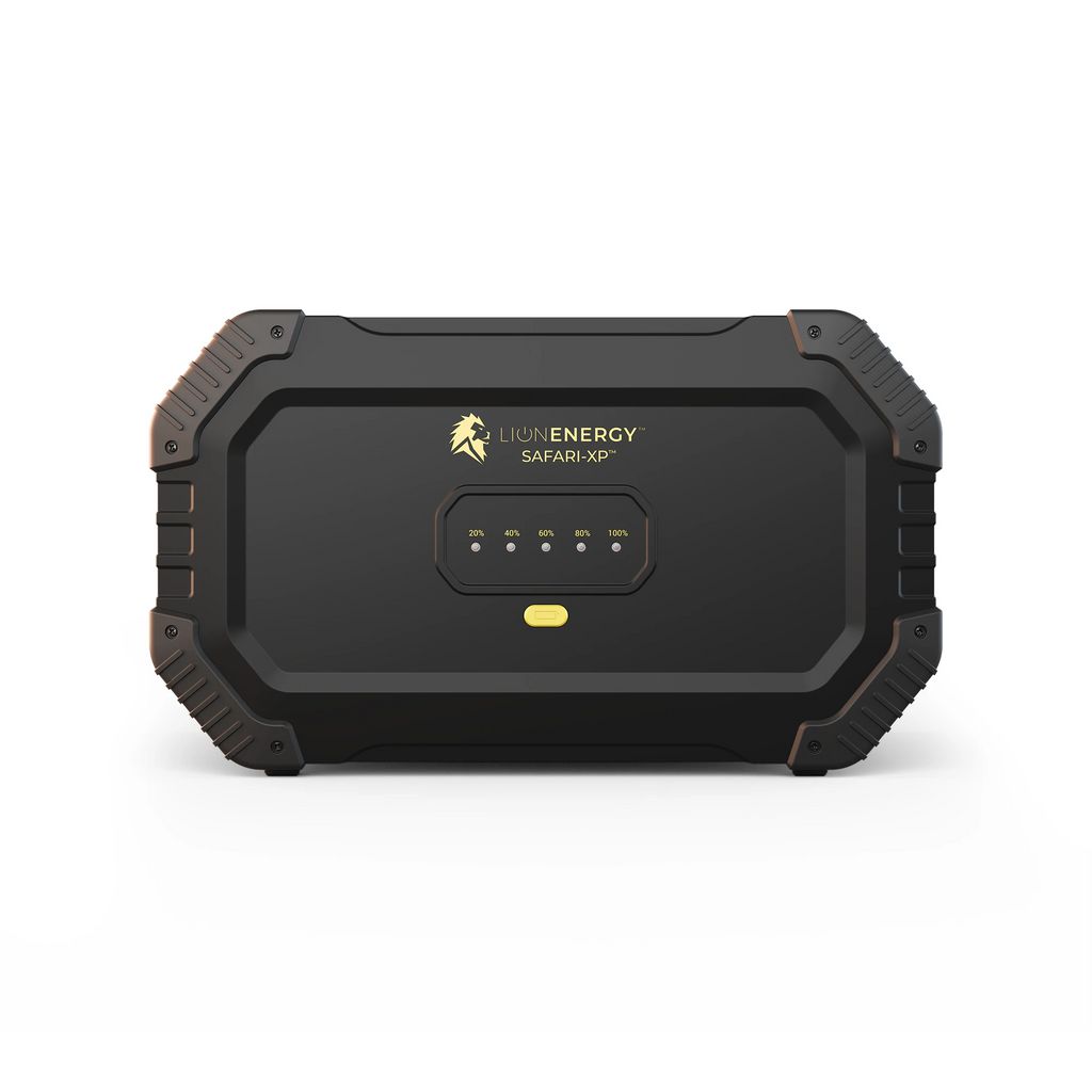 A black portable power station with rugged edges by Lion Energy is displayed against a white background. The name "Lion Energy Safari XP" and multiple indicator lights are visible, showcasing its impressive battery capacity. Perfect for outdoor adventures or emergencies.