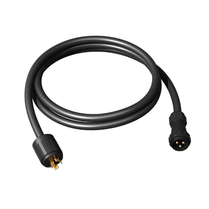 A coiled black fast charging cable by Mango Power, featuring a three-prong plug and a round 3-hole connector, designed for devices like the Mango Power E portable power station. Shown on a white background.
