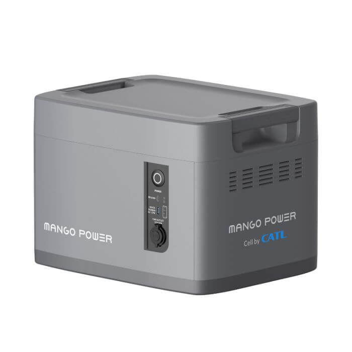 The Mango Power E Expansion Battery, a gray rectangular portable power station by Mango Power, features side controls, ventilation slots, sturdy handles, and "Cell by CATL" on its body for dependable energy storage anywhere.