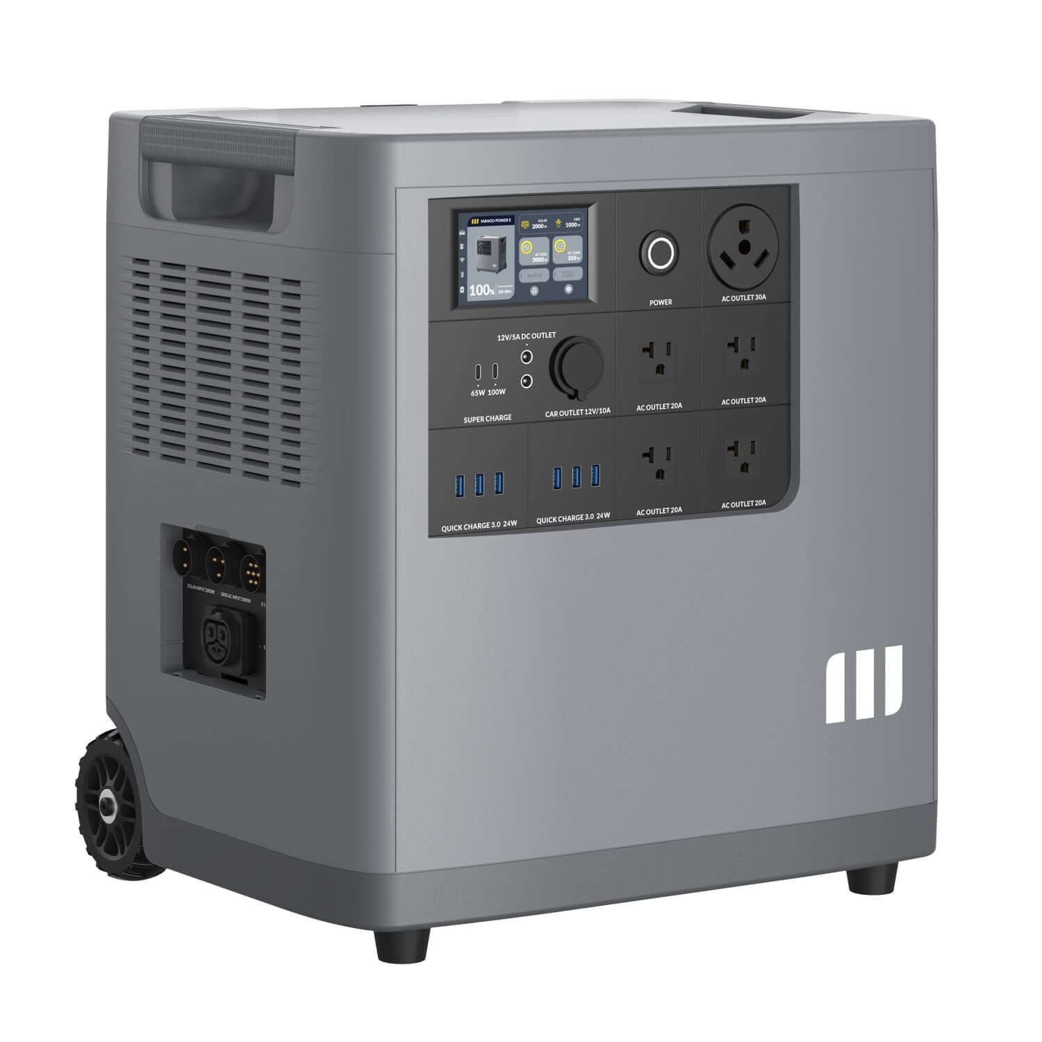 The Mango Power portable gray generator features a digital control panel, fast charging, multiple power outlets, a top handle, and bottom wheels for easy transport—perfect for home power security.