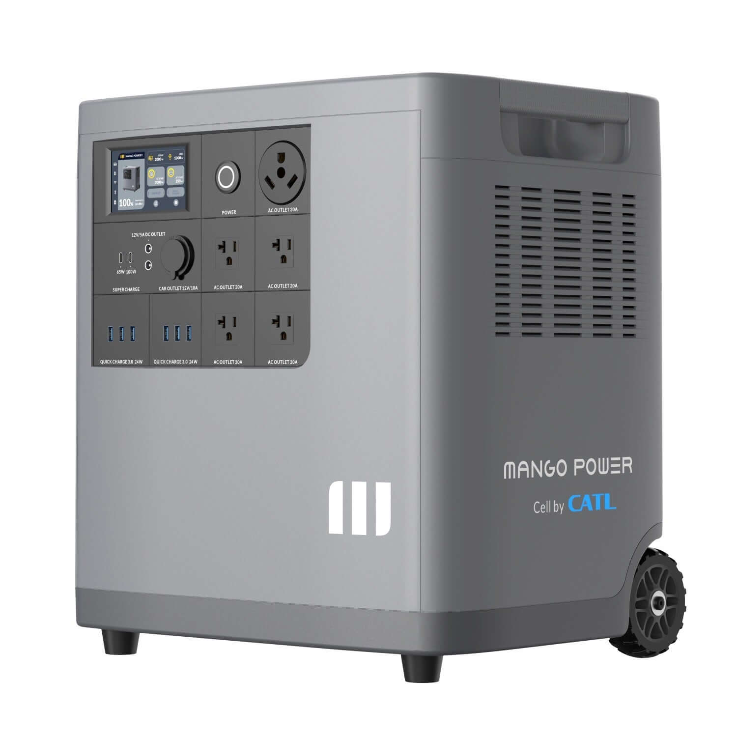 A gray Mango Power portable power station with multiple outlets, ports, a display screen, control buttons, and wheels for mobility. The branding "Mango Power" appears on the side—ideal as a home backup power station.