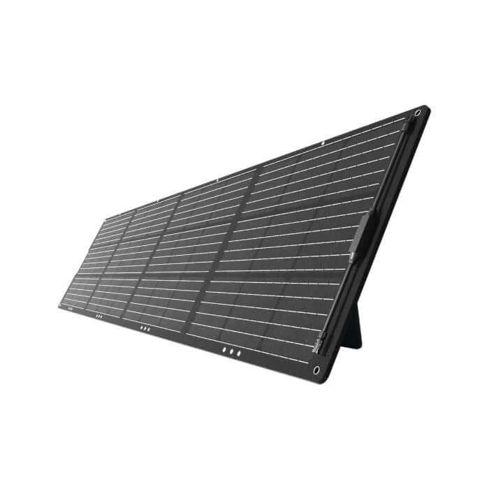 A Mango Power black foldable solar panel, featuring multiple thin horizontal lines, is propped up on its built-in stand against a plain white background.