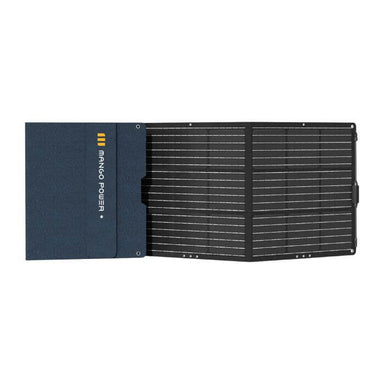 A partially unfolded Mango Power 200W foldable solar panel with a dark blue cover featuring the logo on the left and a black grid of solar cells on the right, displayed on a white background.