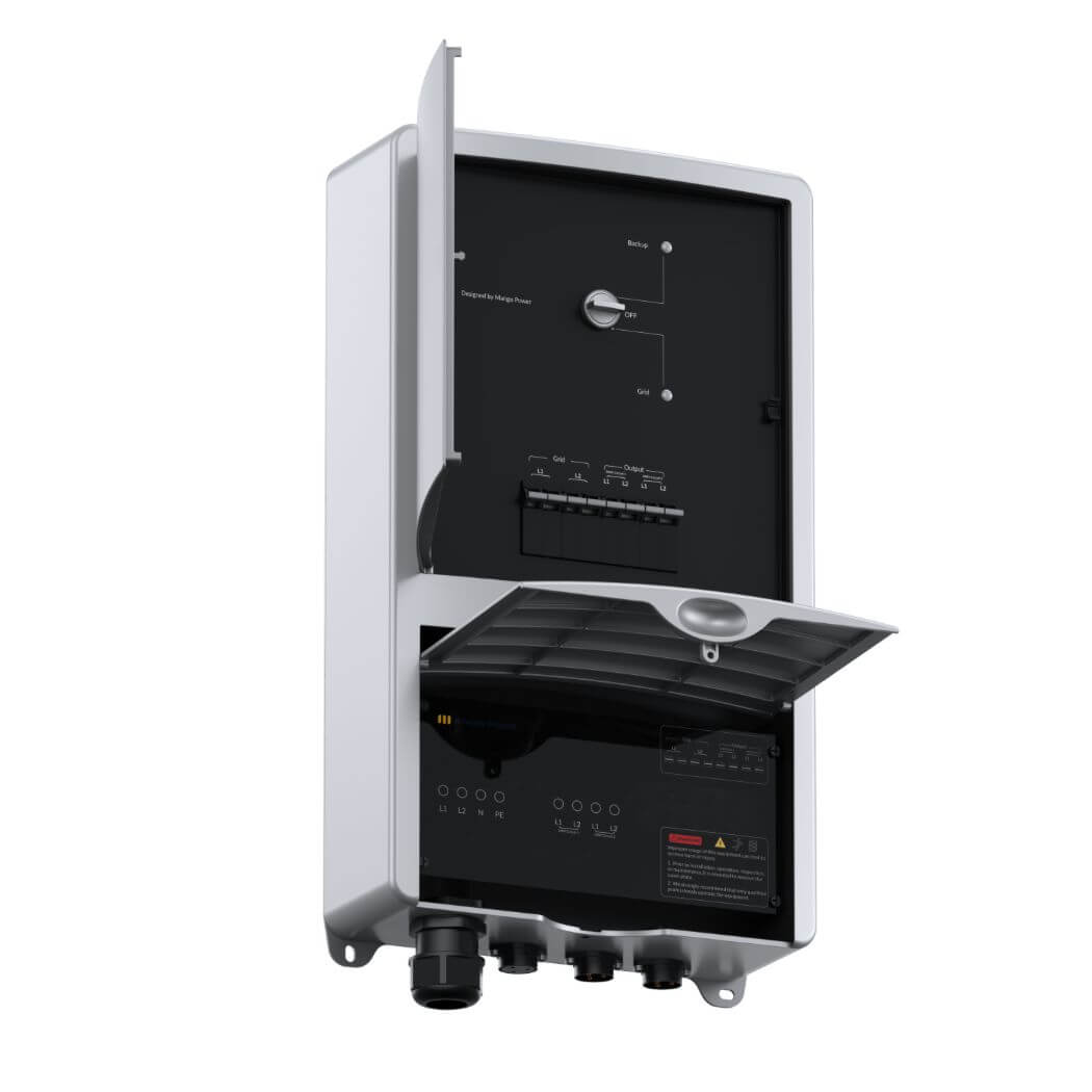 The Mango Power gray electrical control panel, like the mPanel Pro, has two open compartments with switches, dials, labeled buttons, and cable entries—ideal for home backup. The top door hinges upward; the lower opens outward.