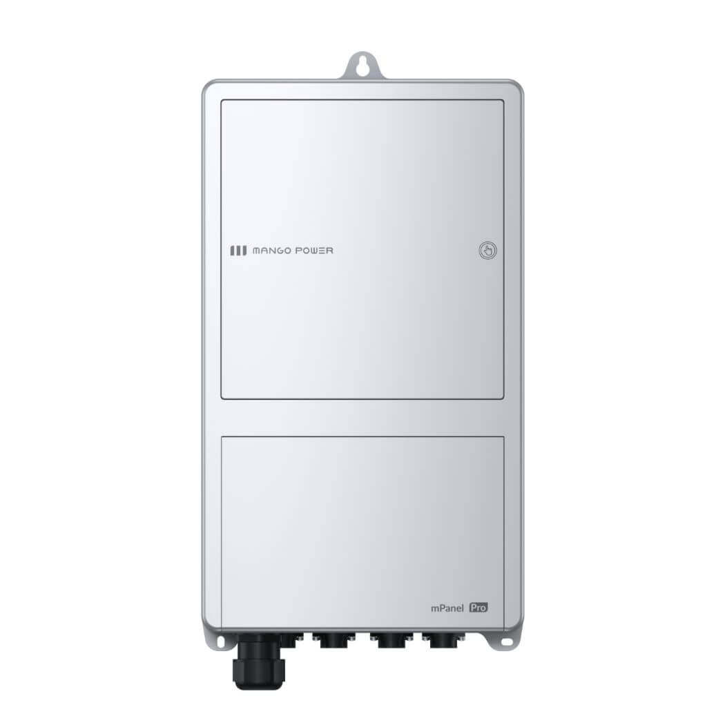 A rectangular white Mango Power electrical panel—compatible with mPanel Pro and Mango Power E—has two compartments, a small lock, and black cable connectors at the bottom. Mounted on a plain white background, it's ideal for home backup needs.