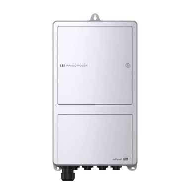 A rectangular white Mango Power electrical panel—compatible with mPanel Pro and Mango Power E—has two compartments, a small lock, and black cable connectors at the bottom. Mounted on a plain white background, it's ideal for home backup needs.