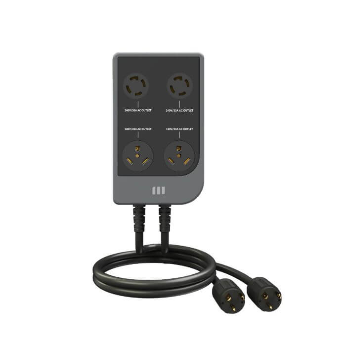 The Mango Power black power strip features four round sockets with voltage and current labels, plus two attached cords with round plug ends. Shown on a white background, it's perfect for portable power stations or 240V split phase systems.
