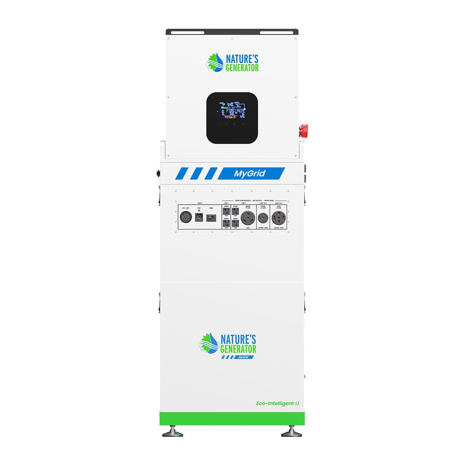 A tall, white Nature's Generator unit with LiFePO4 battery, digital display, multiple outlets and ports, green/blue branding, and a red button on top right—ideal for expandable energy systems.