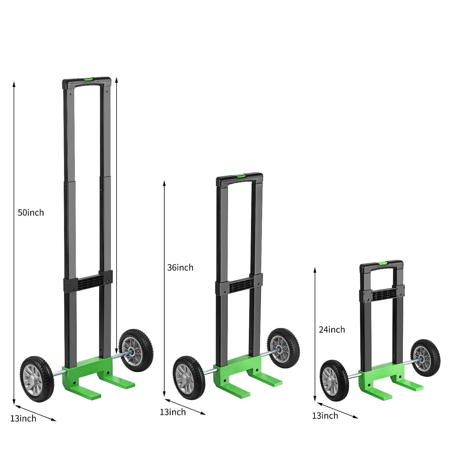 Three green and black Nature's Generator hand trucks are side by side with handle heights of 50, 36, and 24 inches—each features two large wheels and a 13-inch-wide base, ideal for heavy-duty transport or as stackable power station carts.