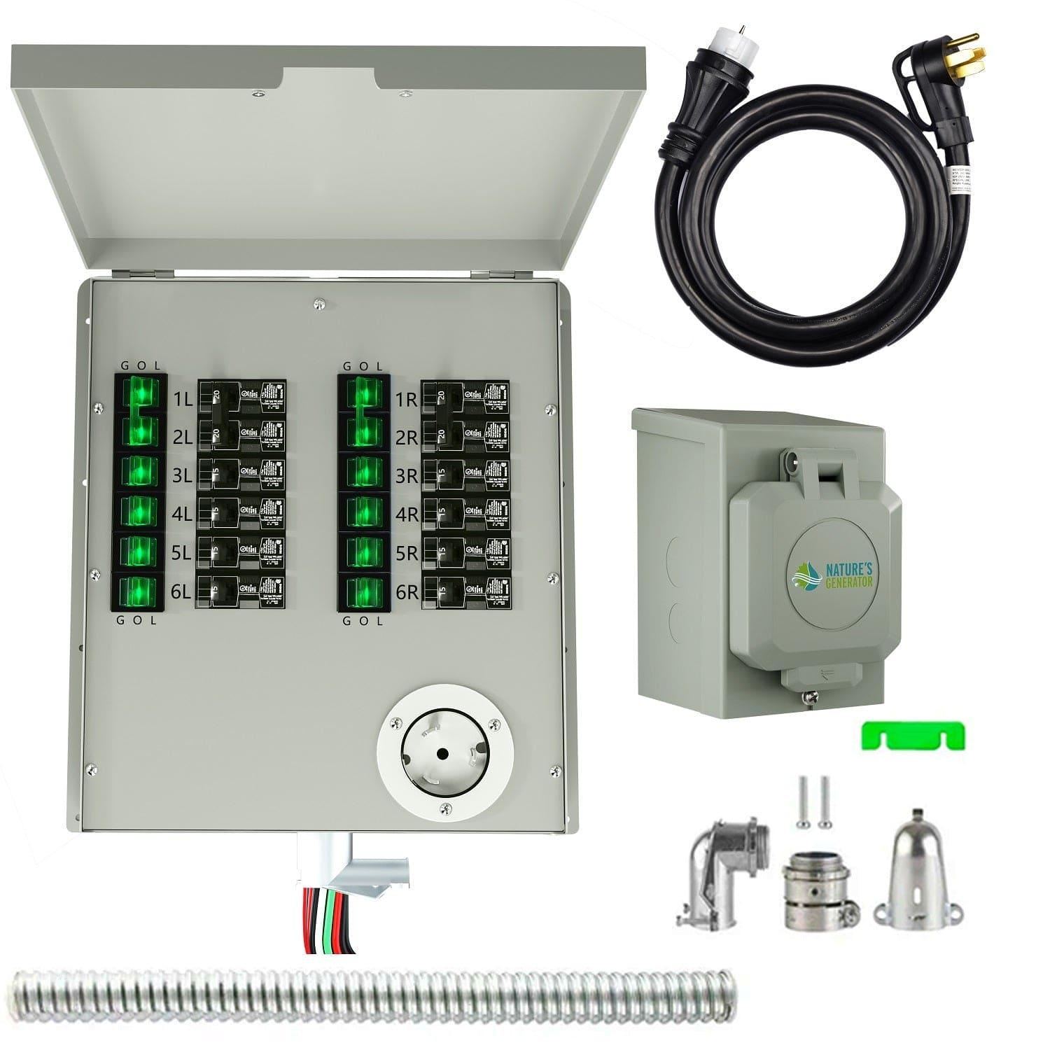 The Nature's Generator 12 circuit transfer switch kit includes an open metal panel with labeled breakers, a heavy-duty 50 amp power cord, outdoor outlet box, flexible conduit, wiring connector, and mounting hardware.
