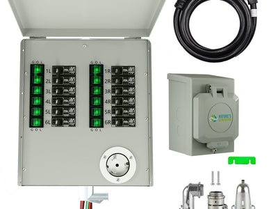The Nature's Generator 12 circuit transfer switch kit includes an open metal panel with labeled breakers, a heavy-duty 50 amp power cord, outdoor outlet box, flexible conduit, wiring connector, and mounting hardware.