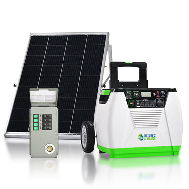 Nature's Generator offers a portable power station system with a black solar panel, a white and green 1800W solar generator with control panel and handle, plus a compact gray electrical box—perfect for home battery backup.