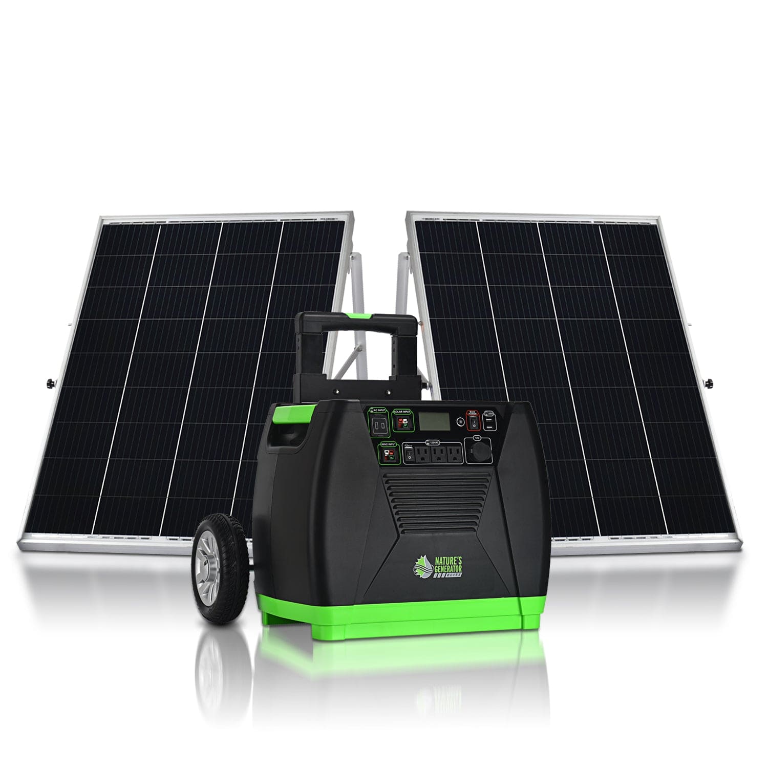 The Nature's Generator portable solar generator, equipped with a handle, wheels, and multiple front ports and buttons, is displayed before two standing solar panels. Perfect for home battery backup or off-grid power use. White background.