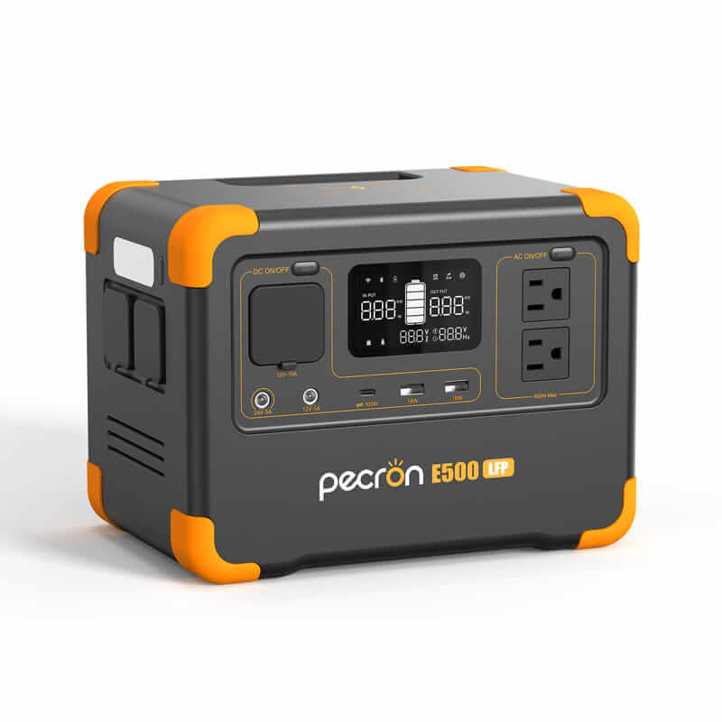 The Pecron E500LFP portable power station features a LiFePo4 battery, digital display screens, control buttons, AC outlets, USB ports, and striking orange corner accents on an elegant dark gray body. With a 600W AC Pure Sine Wave Inverter, it provides dependable power wherever you need it.