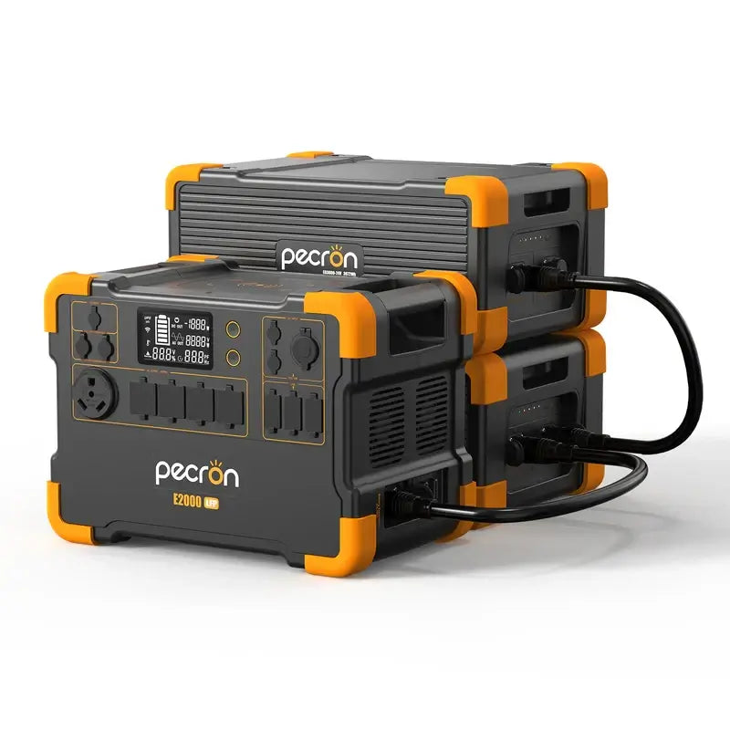 Stacked portable power stations with yellow accents and the Pecron branding highlight their solar charging capabilities. The front unit features power options, buttons, and screens, while thick cables connect the units to indicate energy transfer or charging functionality using advanced LiFePO4 batteries.