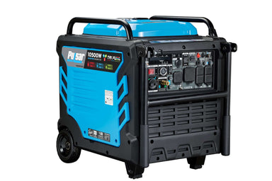 A sleek blue and black Pulsar Tri-Fuel Inverter Generator with control knobs and CO detection switches on the front panel. It has wheels and handles for easy mobility, with the brand name and 10 kW power rating prominently displayed on the side.