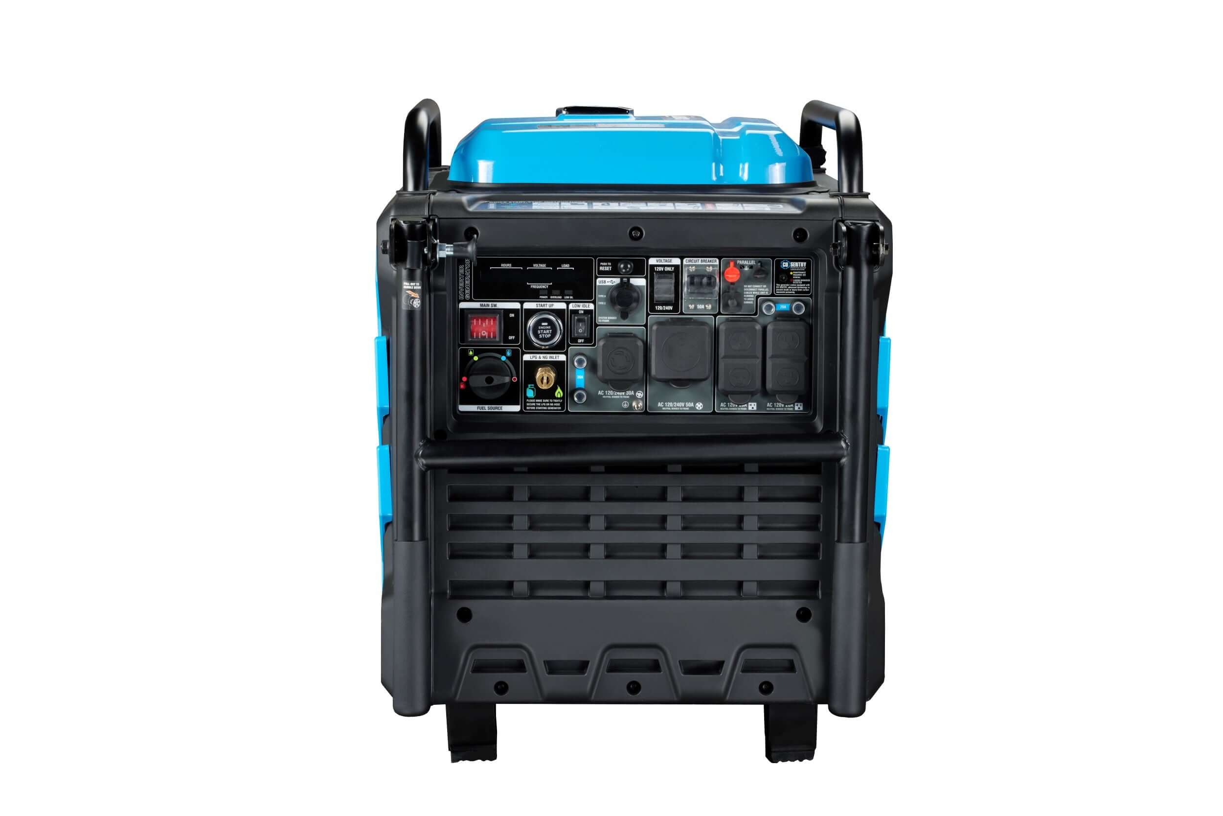 The Pulsar 10,500-Watt portable generator features a blue top, black body, front control panel with power outlets and digital screen. This Tri-Fuel Inverter Generator is versatile and easy to transport with two carrying handles and rests securely on flat surfaces.