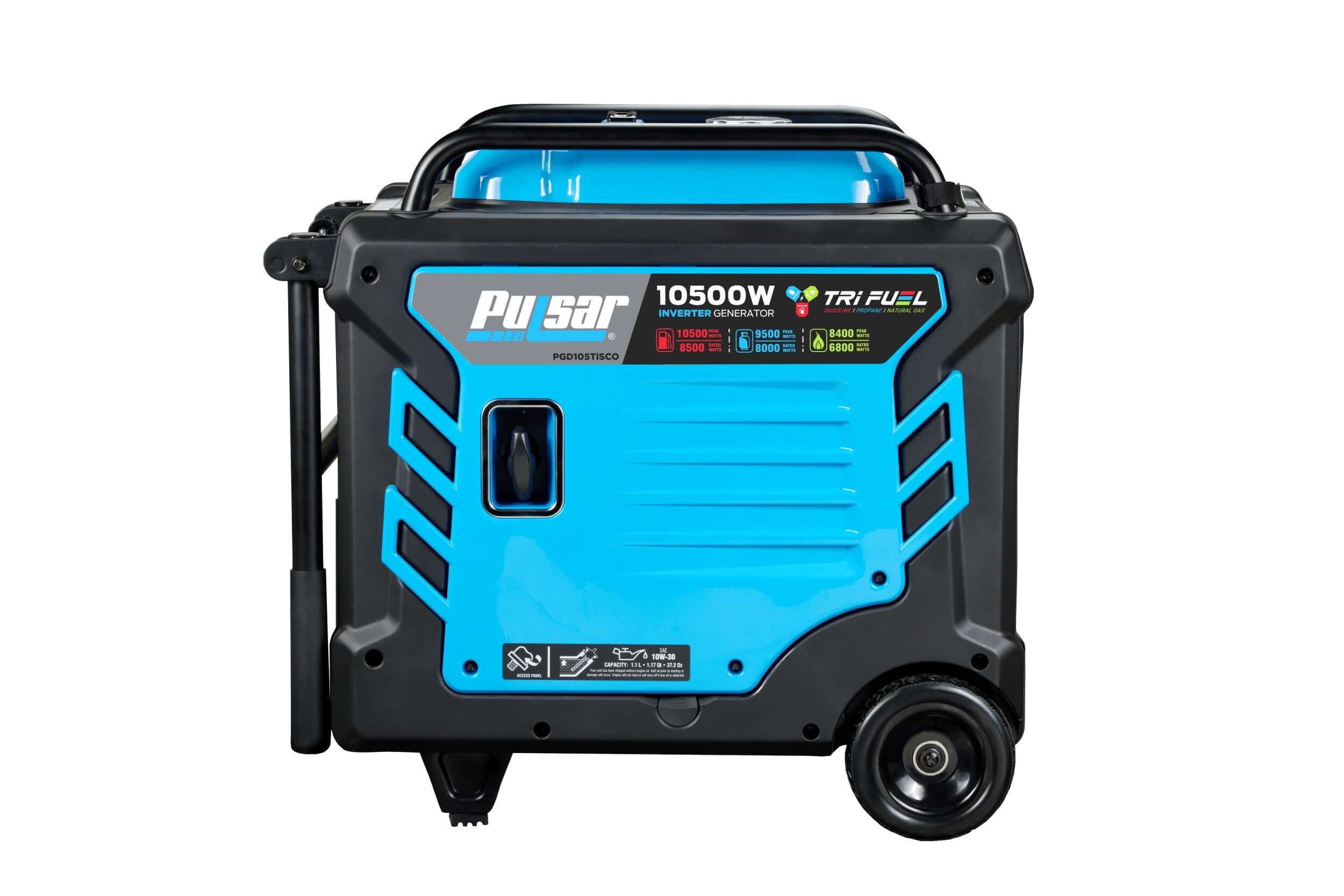 The Pulsar portable Tri-Fuel Inverter Generator is blue and black with a "Pulsar 10500W" label. It features a handle, wheels for transport, various controls, indicators, and built-in CO detection for safety.