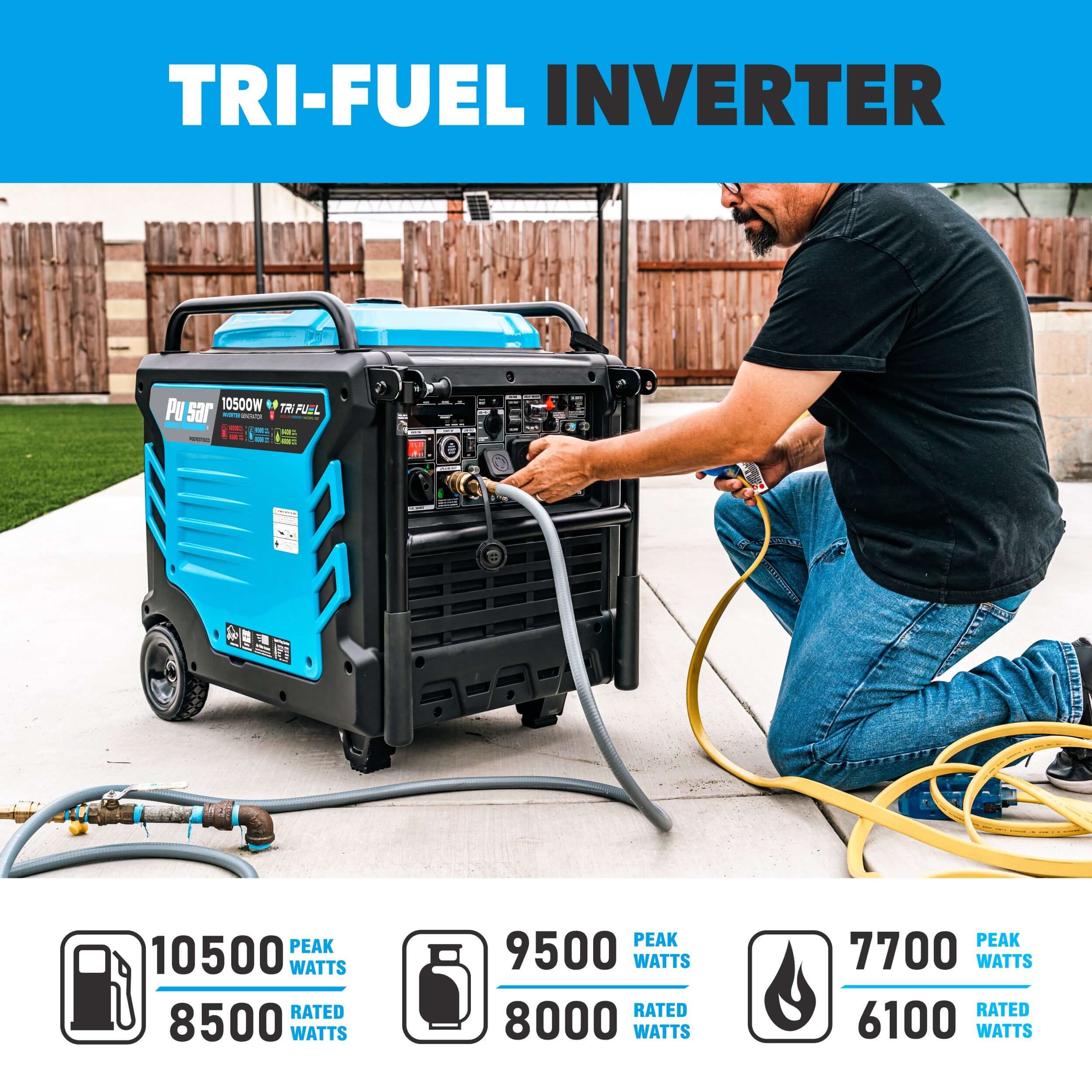 On a concrete surface, a person is connecting hoses to a Pulsar 10,500-watt Tri-Fuel Inverter Generator with specs: 10,500 peak/8,500 rated watts on gas; 9,500 peak/8,000 rated watts on LPG; and 7,700 peak/6,100 rated watts on NG.