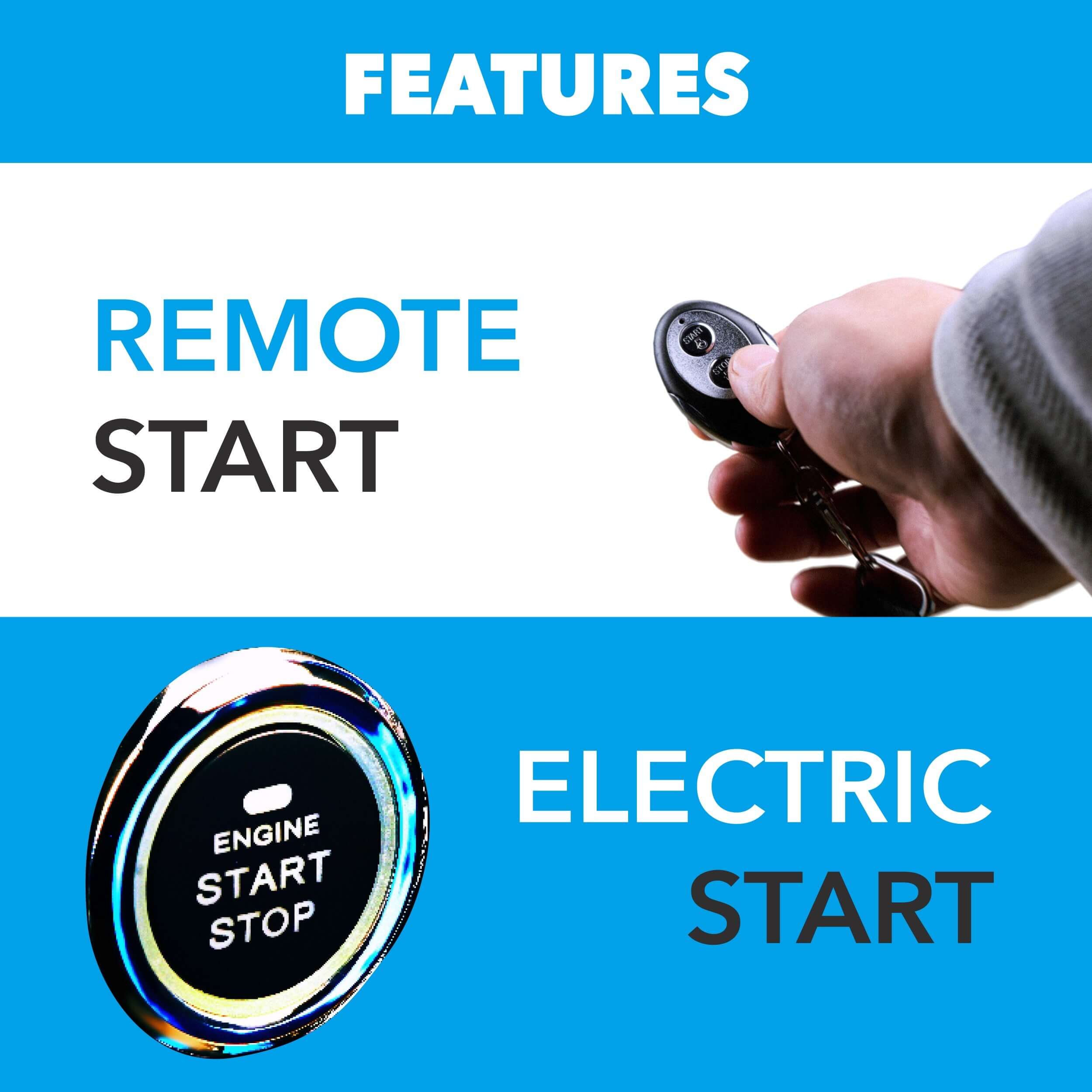 A hand holds a car remote on a blue and white background. "Features" is at the top, with "Remote Start" on the left and an image of Pulsar's circular button labeled "Engine Start Stop." Nearby, it highlights CO Detection for enhanced safety alongside "Electric Start.