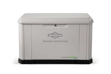 A Briggs & Stratton white air-cooled standby generator is depicted on a simple white background. This unit has a compact, rectangular design, prominently displaying the brand logo and model number on its front panel, providing an effective backup power solution for your home.