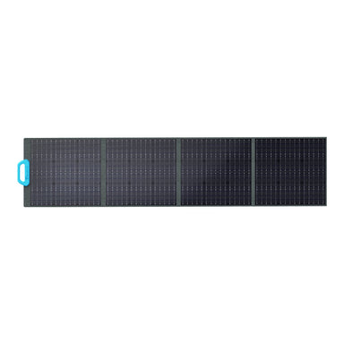 The bluetti PV200 Solar Panel has a grid pattern with four connected sections and a blue handle on the left. Its black surface, dotted with white solar cells, ensures high power conversion efficiency and effectively harnesses renewable solar energy.