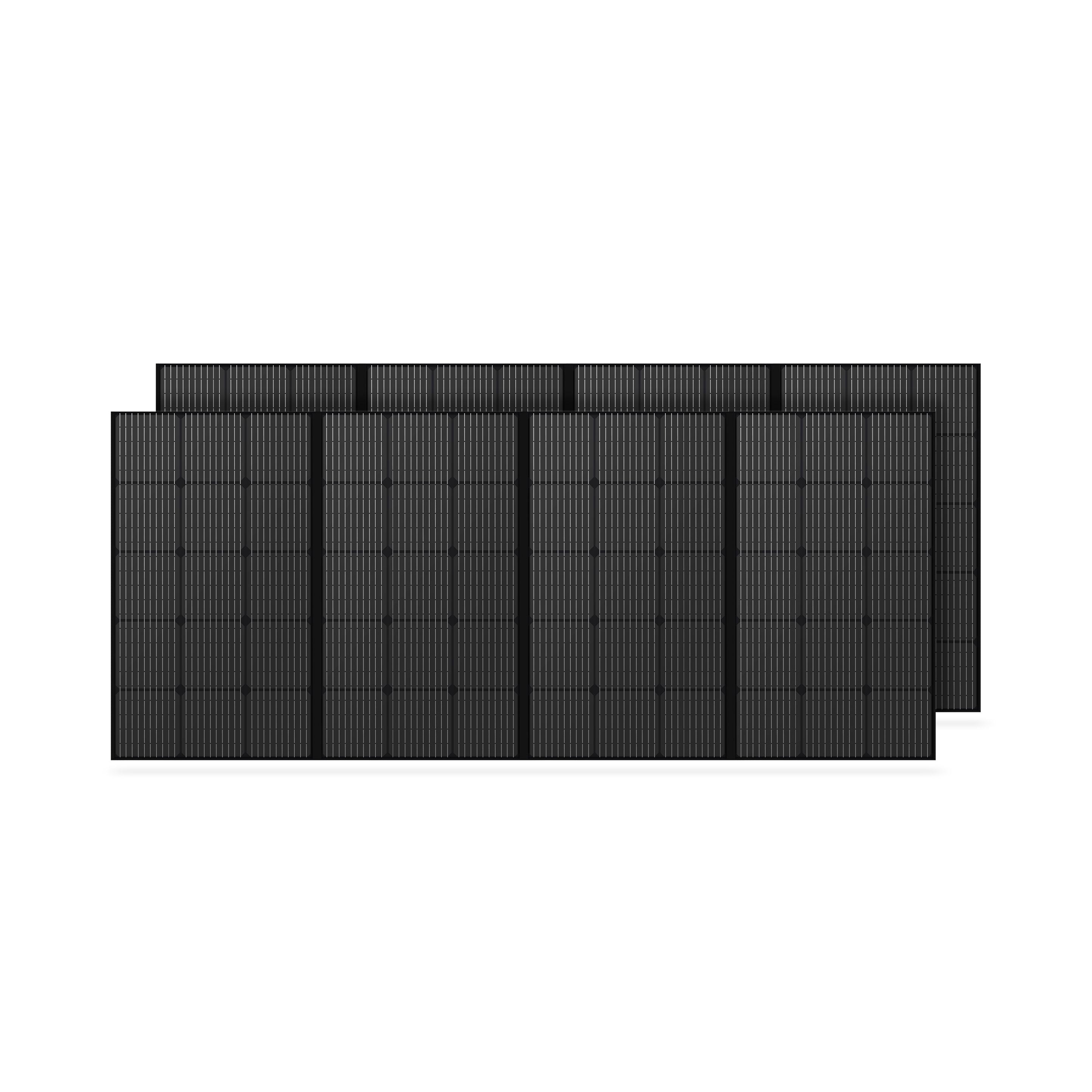 Three bluetti black solar panels, renowned for high conversion rates, are arranged in two rows with the top two slightly overlapping. The durable panels feature a grid-like pattern on a white background.